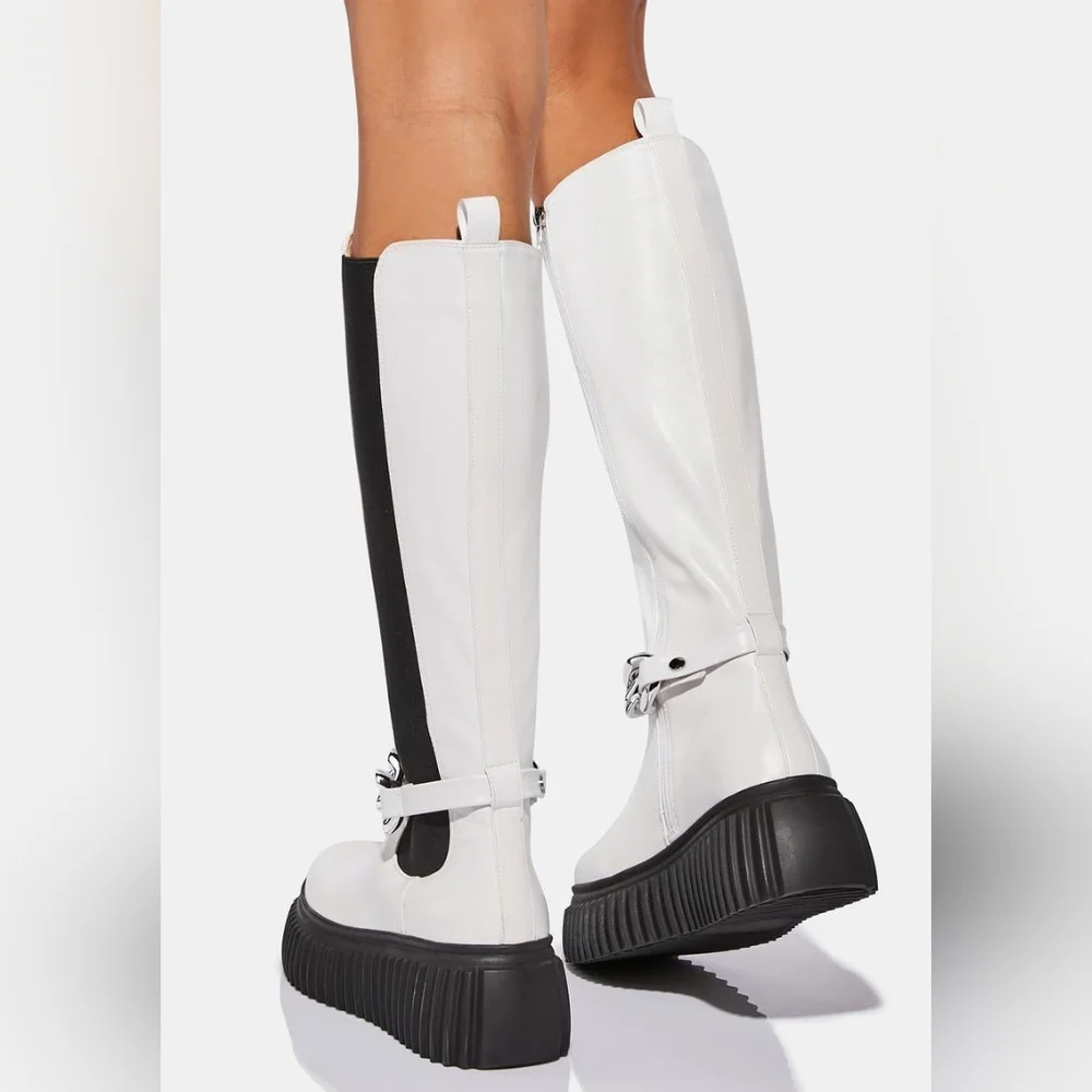 Elegant White and Black Over the Knee Boots